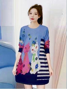 Stripes and Cats Printed Jersey Knit Fashion Top 